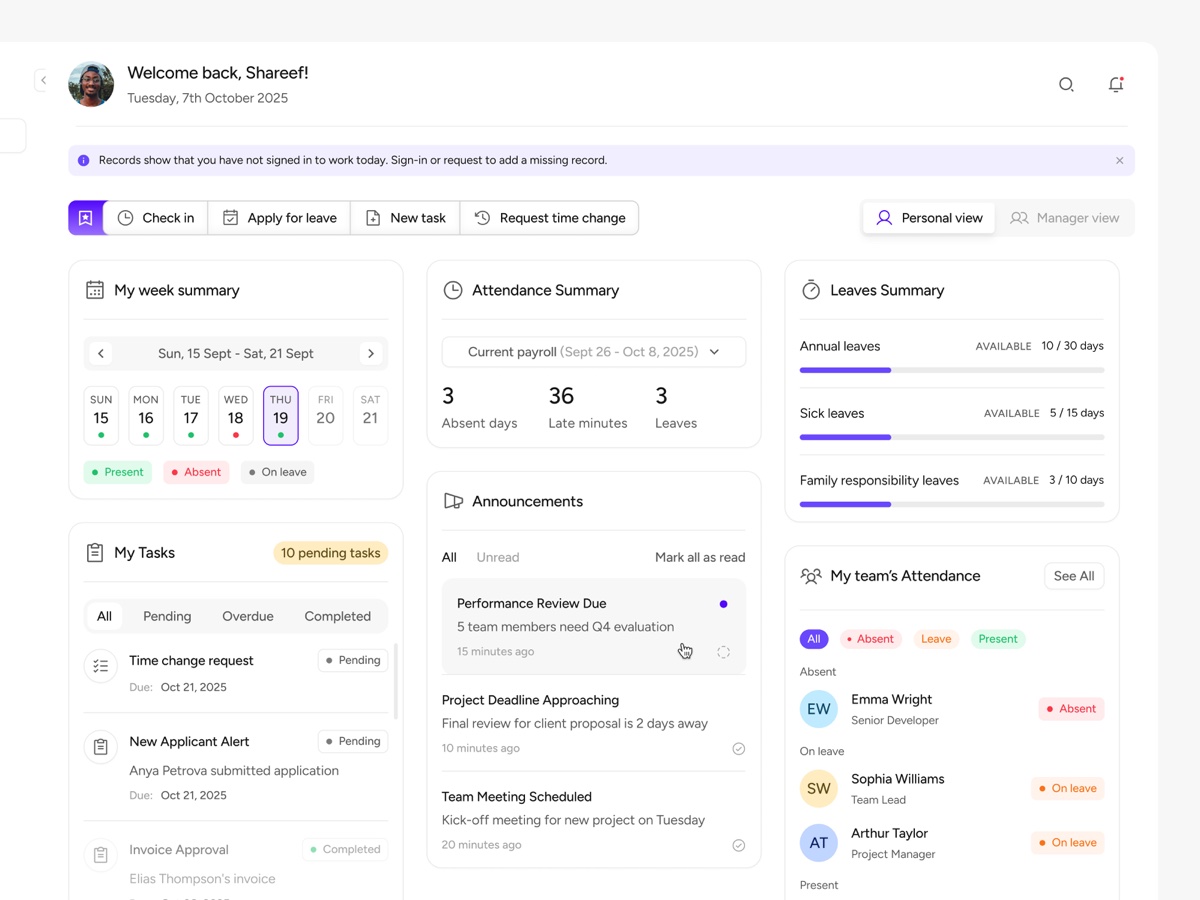 HR dashboard showing a personal attendance and leave summary with quick actions