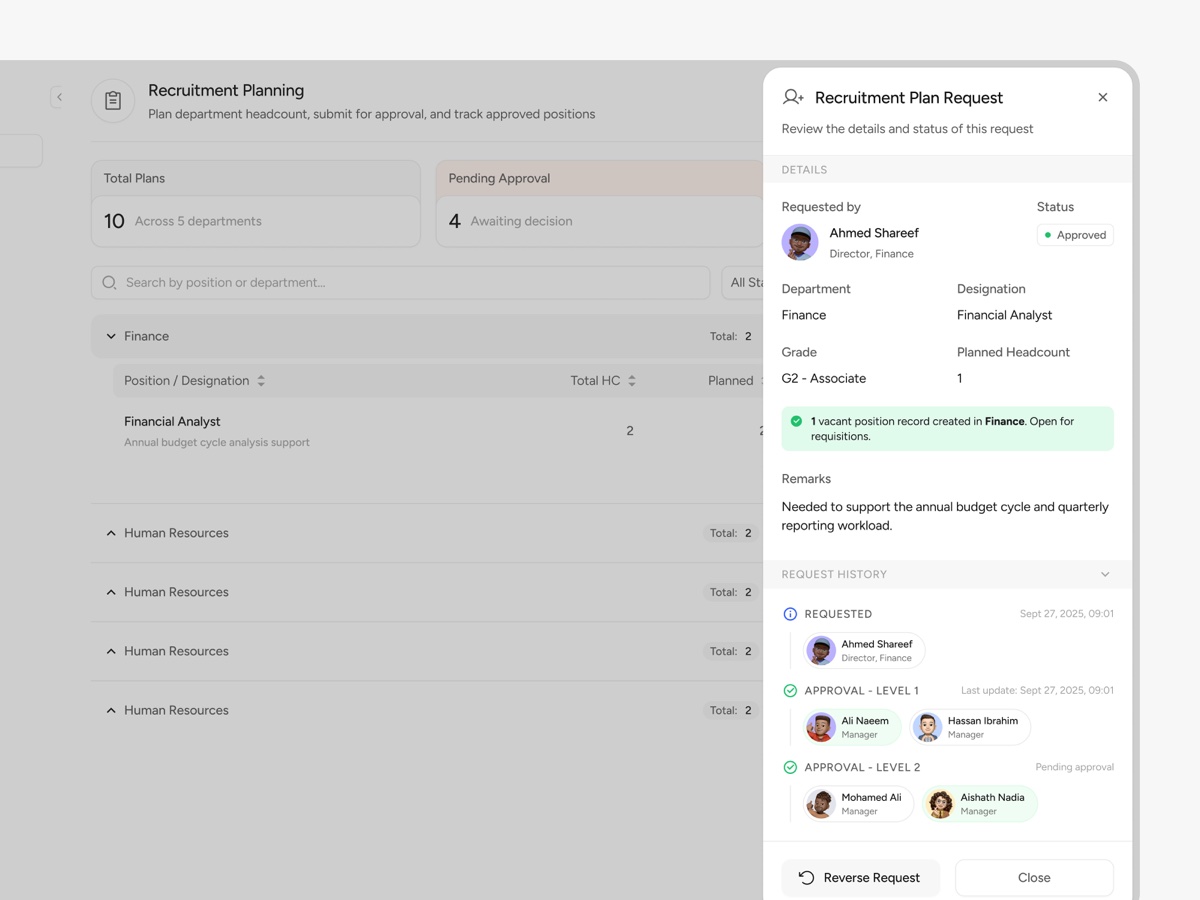 Recruitment plan request detail panel with approval history and status