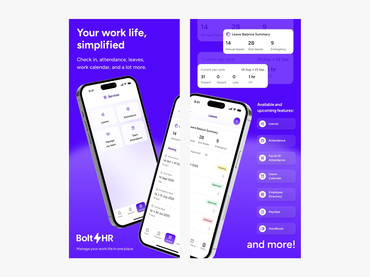 Mobile HR app screens showing check-in, leaves, and attendance features