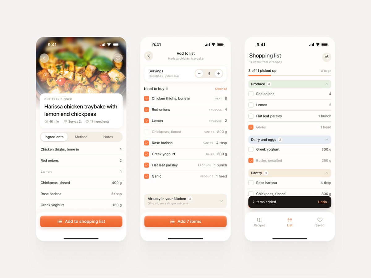 Recipe app screens showing an ingredient list and generated shopping list