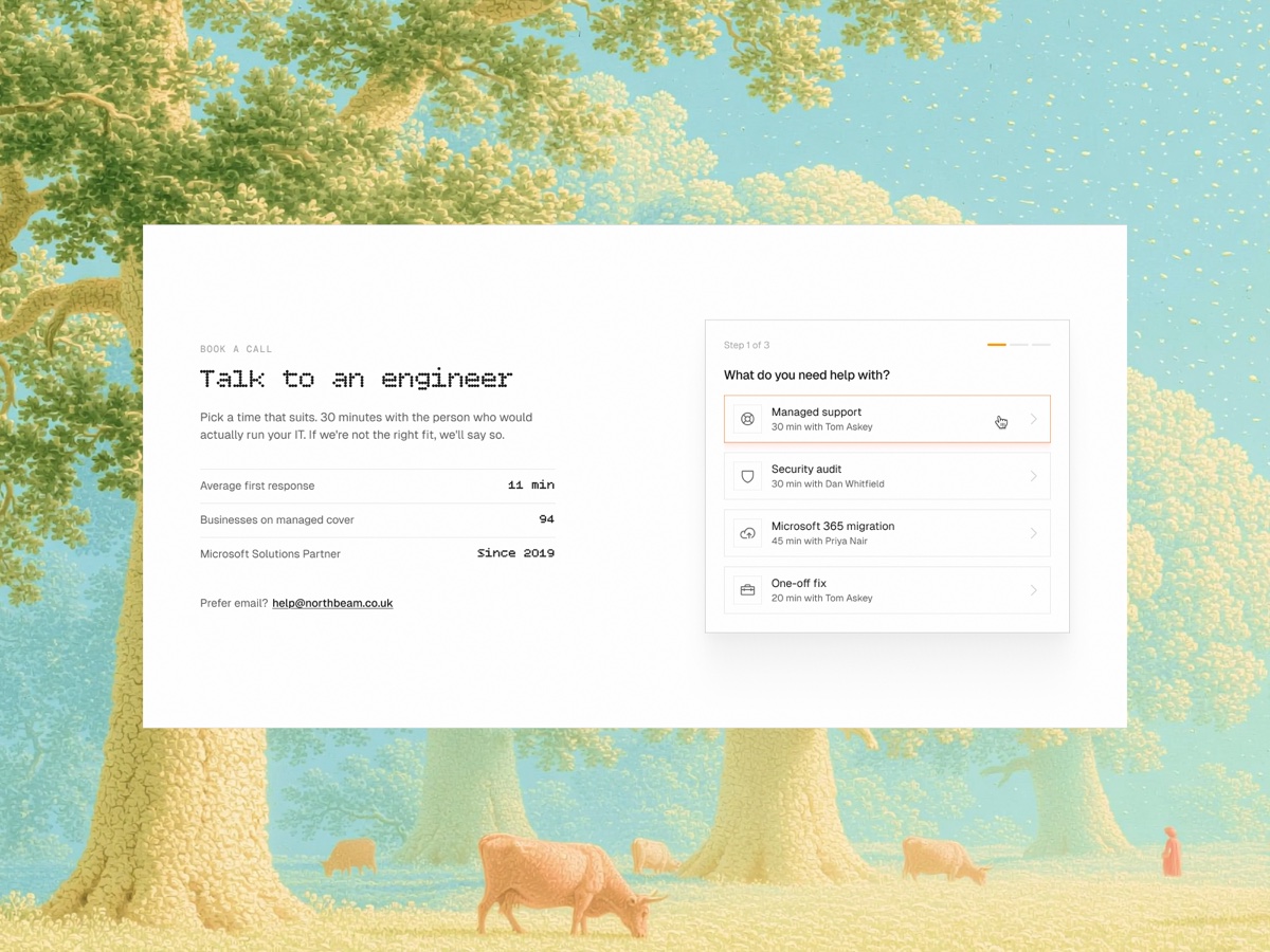 IT support booking page with a call scheduling widget over an illustrated background