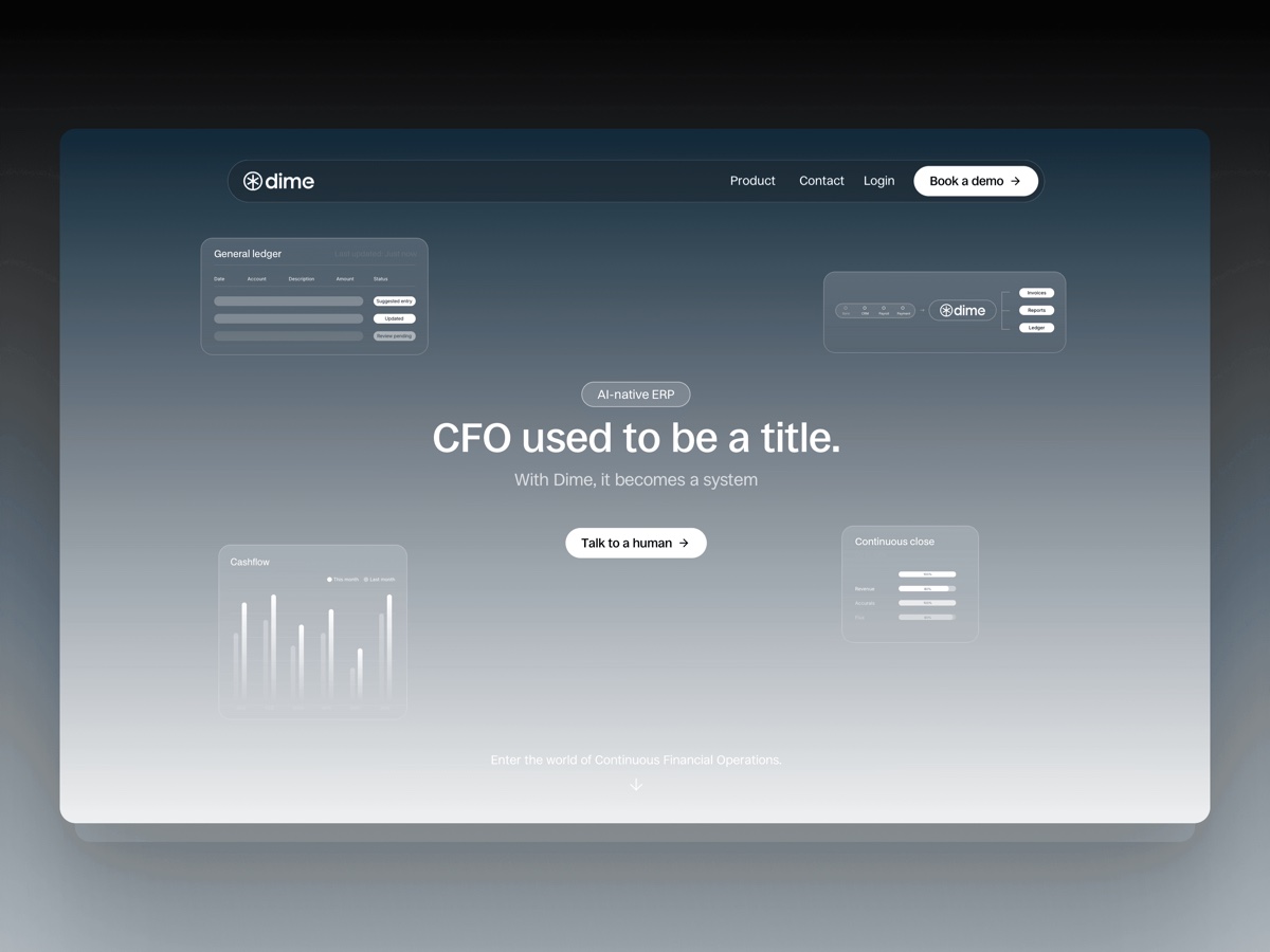 AI-native ERP landing page hero for a finance platform with ledger and cashflow previews