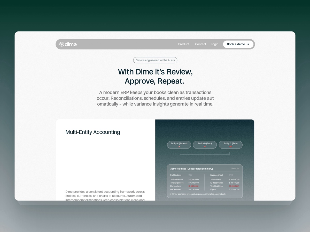 ERP product page highlighting multi-entity accounting and consolidated financials