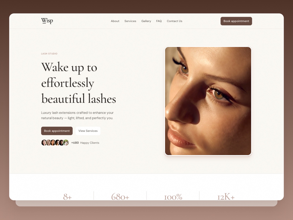 Lash studio landing page hero with a close-up beauty photo and booking call to action