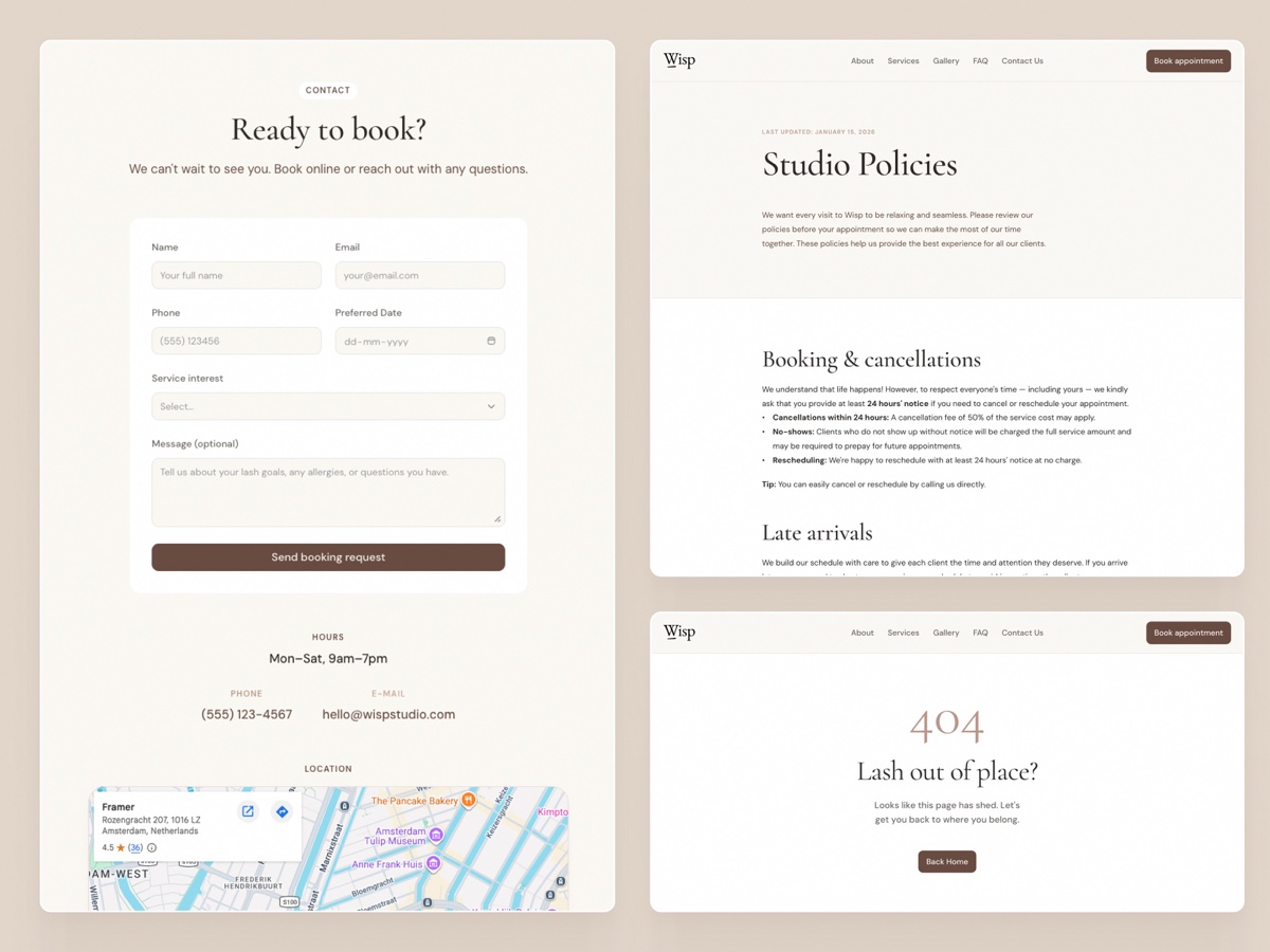Lash studio contact form, policies page, and 404 page screens